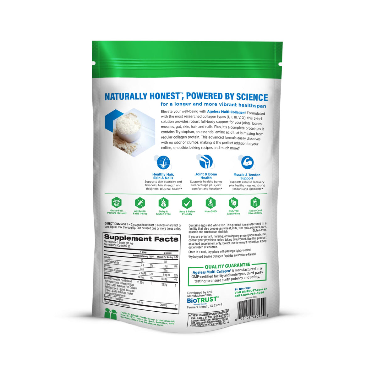 BioTrust Ageless Multi Collagen Peptides Powder - 5 Types (I, II, III, V, X) - Unflavored Collagen Powder for Women & Men - Hydrolyzed Protein