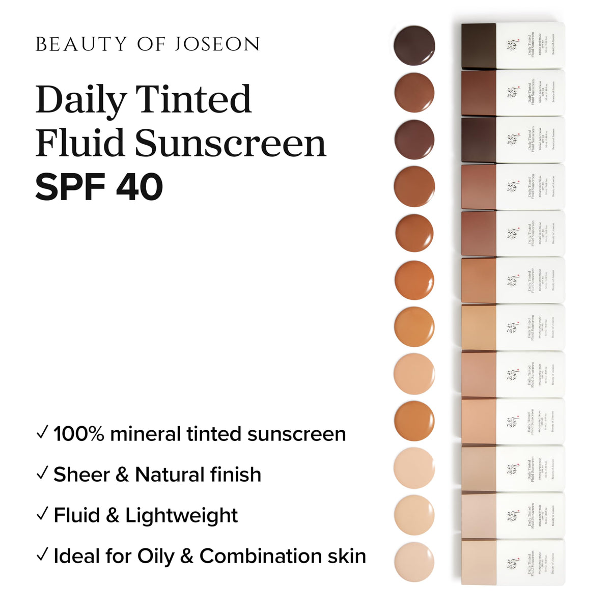 Beauty of Joseon Daily Tinted Fluid Sunscreen 12 Shades for Face Moisturizing Broad Spectrum SPF 40 Korean Skincare 50ml, 1.69 fl.oz