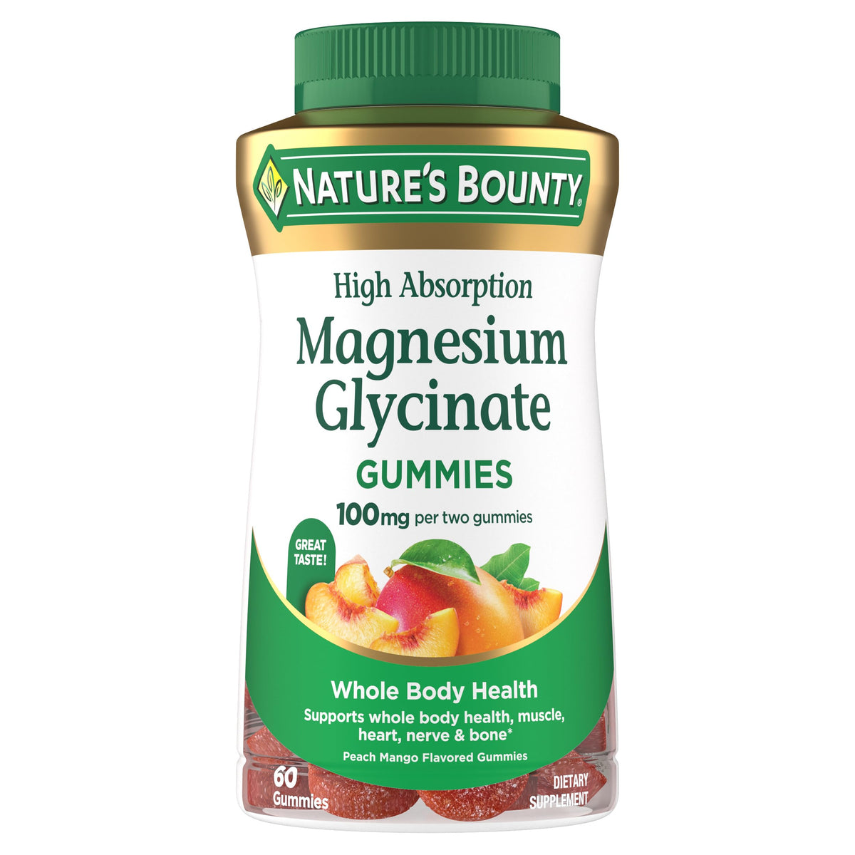 Nature’s Bounty High Absorption Magnesium Glycinate Gummies, 100 mg Magnesium Per Serving, Whole Body Health, No Stick Gummy, Peach Mango Flavor