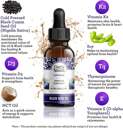 GuruNanda Black Seed Oil, Cold-Pressed Nigella Sativa - Rich in Vitamin D3 5000 Units, K2 & E, High Thymoquinone | Potent Antioxidant