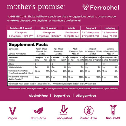 Organic Liquid Iron Supplement for Women, Men & Kids with Vitamin C | Sugar Free Natural Berry Flavor Non Constipating Vegan Ferrochel