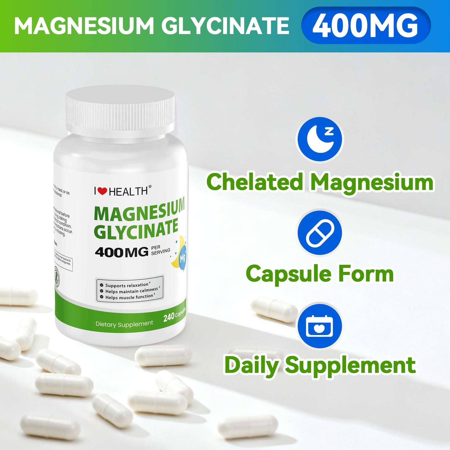 Magnesium Glycinate 400mg per Capsule – 240 Capsules – High Absorption Magnesium Supplement for Relaxation, Calmness & Muscle Support – Gentle on Stomach