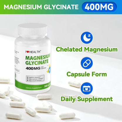 Magnesium Glycinate 400mg per Capsule – 240 Capsules – High Absorption Magnesium Supplement for Relaxation, Calmness & Muscle Support – Gentle on Stomach