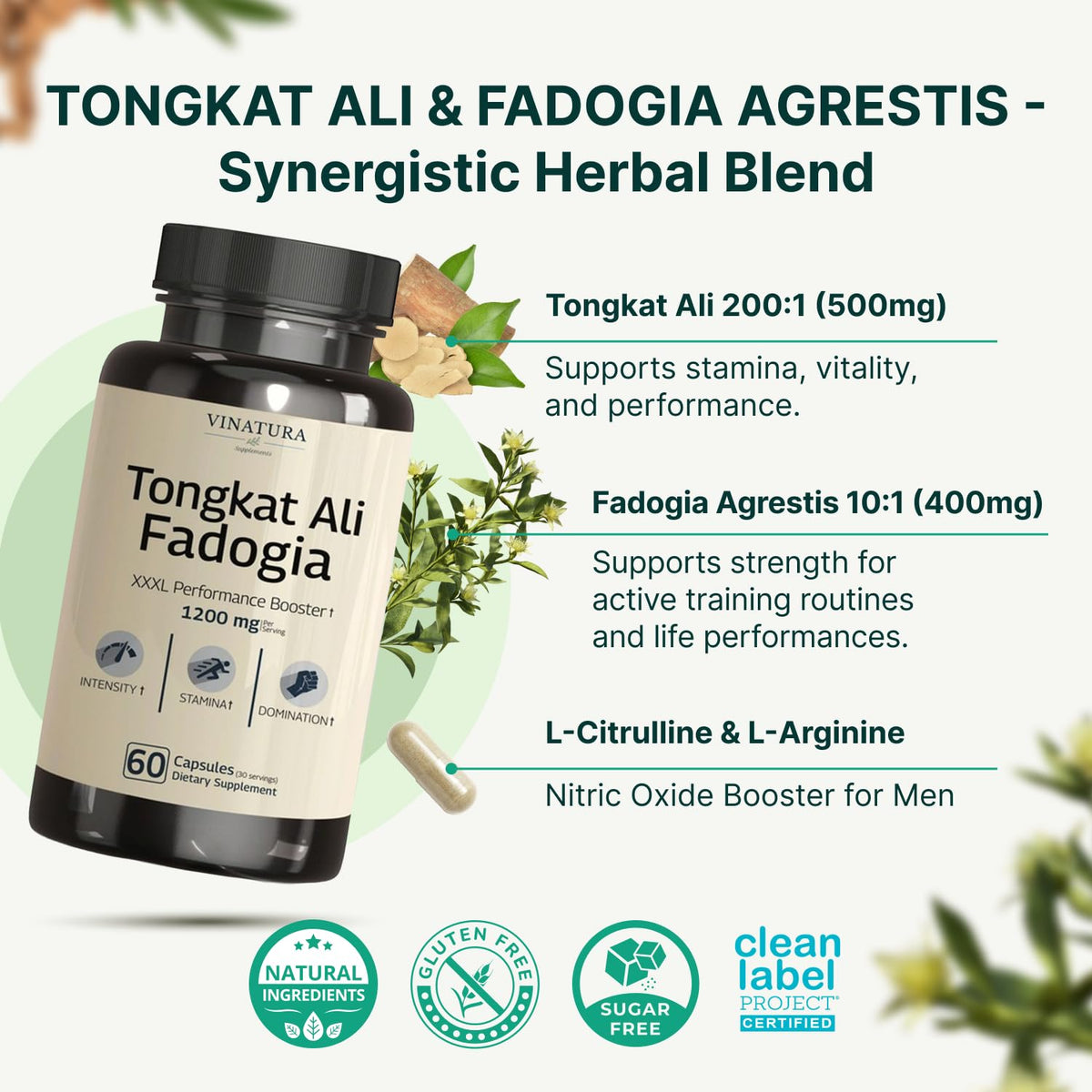 Tongkat Ali Fadogia Agrestis - 1200mg, Enhanced with Nitric Oxide Booster Supplement, Longjack Tongkat Ali for Men,