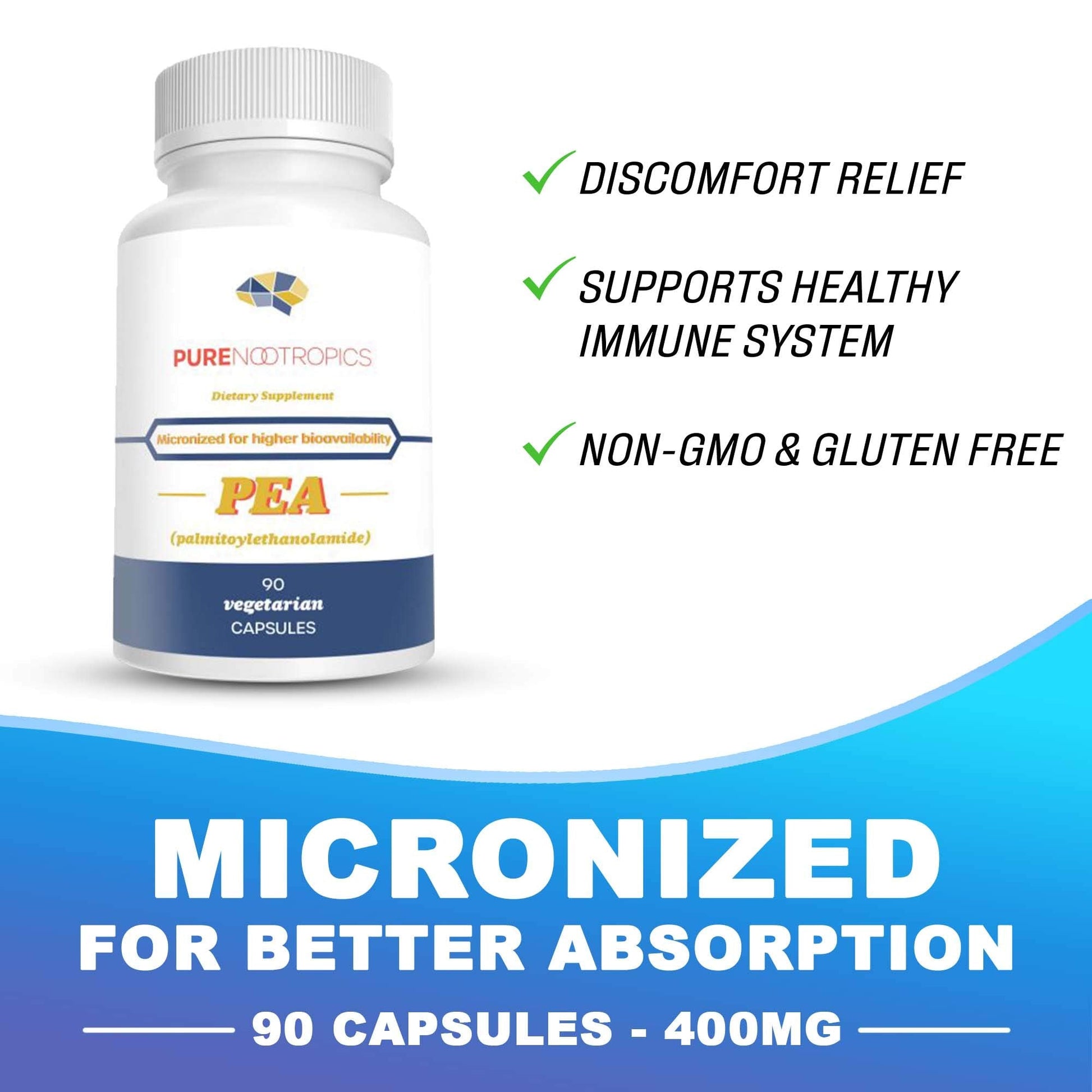 Pure Nootropics - Palmitoylethanolamide (Micronized Pea) 400 mg Capsules | 90 Veg Caps Value Pack | Supports Relief from Occasional Discomfort | Supports Immune System Pure NootropicsBuy Supplements Australia