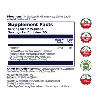 KAL Magnesium Complex 7 - Total Complex with Magnesium Glycinate, Citrate, Malate and More - Relaxation and Whole Body Support Supplements - Vegan, 60-Day Guarantee - 60 Servings - 120 VegCaps KAL buy supplements Au