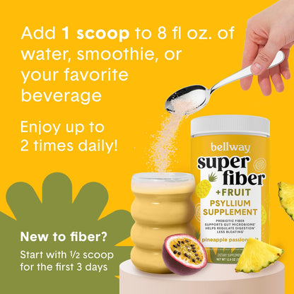 Bellway Super Fiber Powder + Fruit, Sugar Free Organic Psyllium Husk Powder Fiber Supplement for Regularity, Bloating Relief & Digestive Health, Plant-Based,