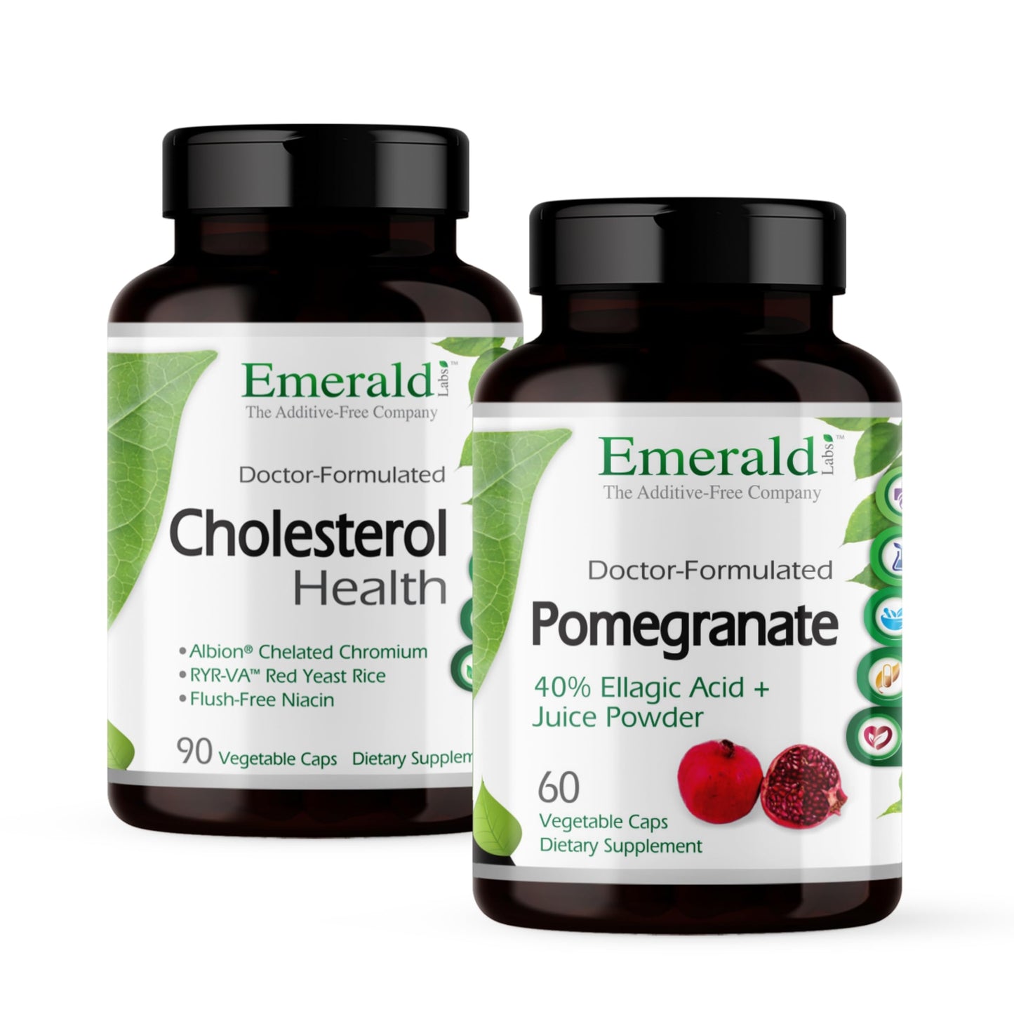 Two bottles of Emerald Health supplements on a white background