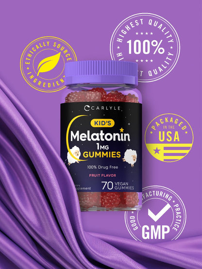 Carlyle Kids Melatonin Gummies | 1 mg 70 Count | Fruit Flavor Gummy | Vegan, Non-GMO, Gluten Free