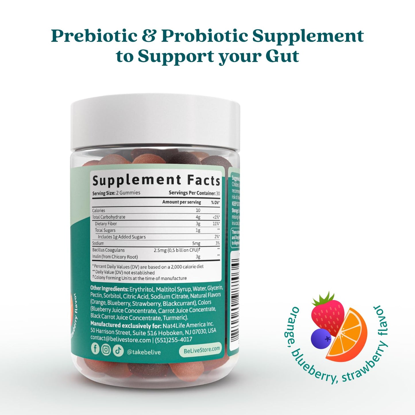 BeLive Synbiotics - Probiotic & Prebiotic Fiber Gummies – High Strength Inulin (3g), Dietary Fiber Supplement, Digestive Support for Kids & Adults - Strawberry, Orange,