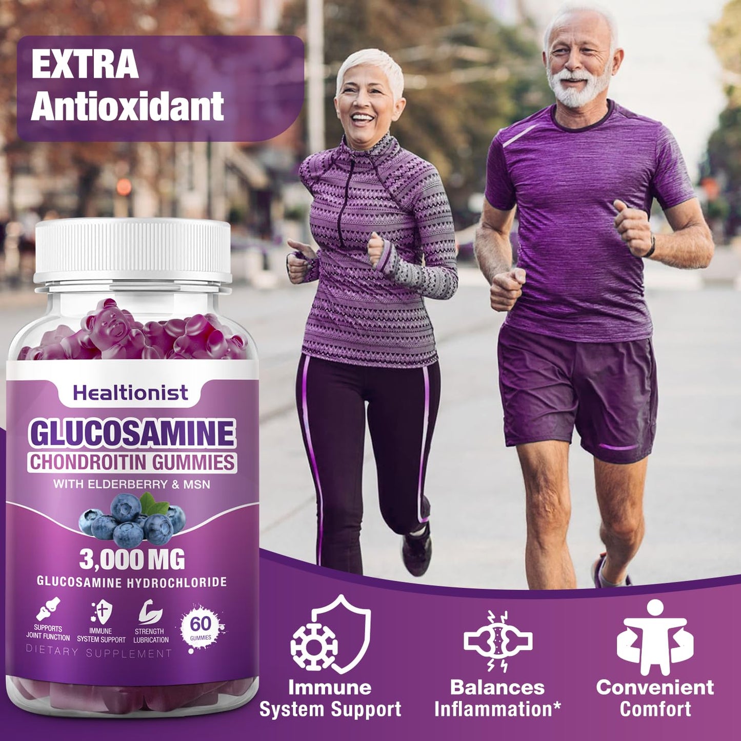 Healtionist 2 Packs 3000mg Glucosamine Chondroitin Gummies with MSM & Elderberry