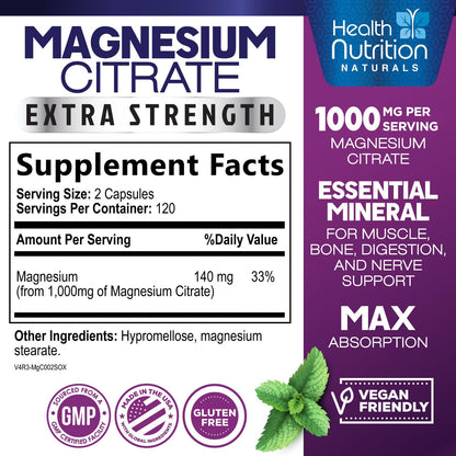 Magnesium Citrate 1000mg Per Serving - Max Absorption Magnesium Powder Capsules for Muscle, Nerve, Bone and Heart Health Support, High Absorption Citrate Complex