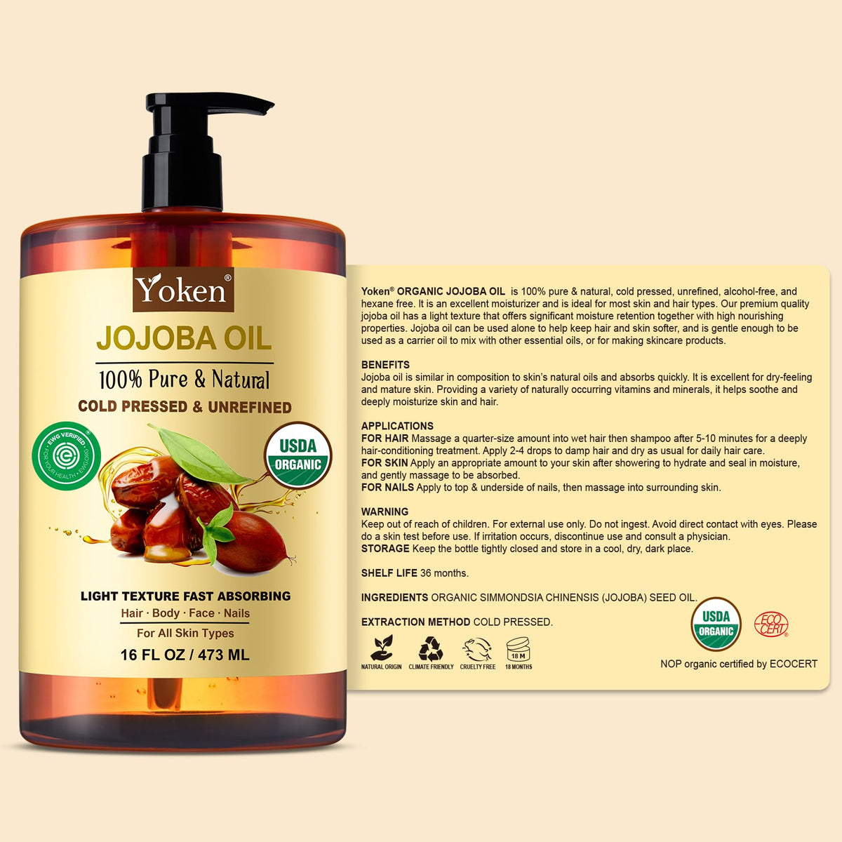 Yoken Pure Jojoba Oil Organic USDA Certified 16 fl oz, 100% Natural Jojoba Oil for Hair