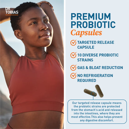 Dr. Tobias Probiotics 30 Billion, 10 Strains, 30 Billion CFU's, Targeted Release Probiotics for Women & Men, Supports Digestive Health, Shelf-Stable,