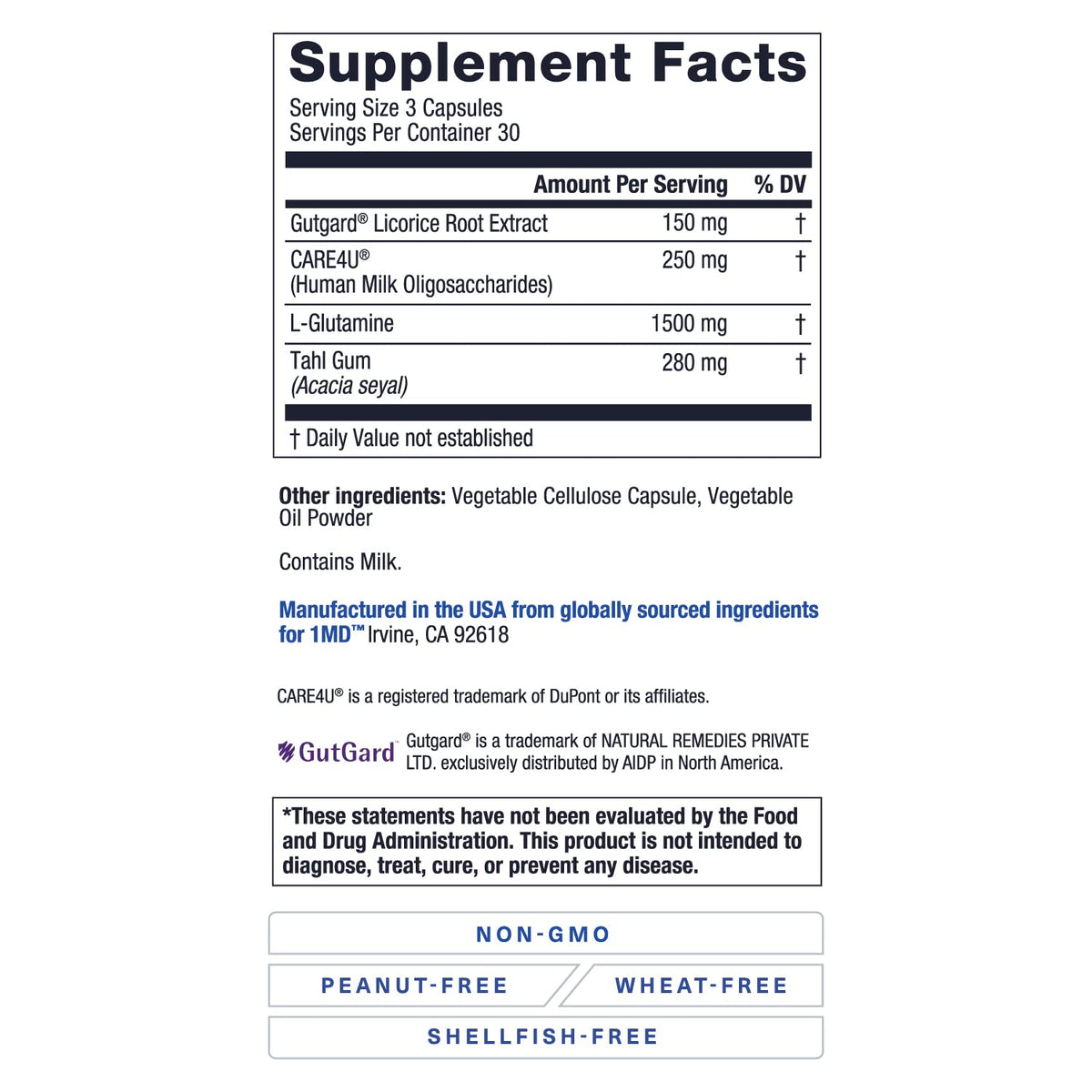 1MD Nutrition GutMD - L-Glutamine Capsules w/Prebiotic for Gut Health - L Glutamine Supplement - Supports Healthy Digestive