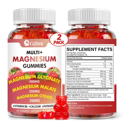 Two bottles of Cofure Multi+ Magnesium Gummies with supplement facts label on a white background