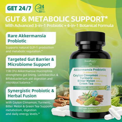 GREENPEOPLE Akkermansia Probiotics 15B CFU for Gut Function, 60CT Probiotics Supplement with Ceylon Cinnamon, Turmeric | Digestive Health & Metabolic Support