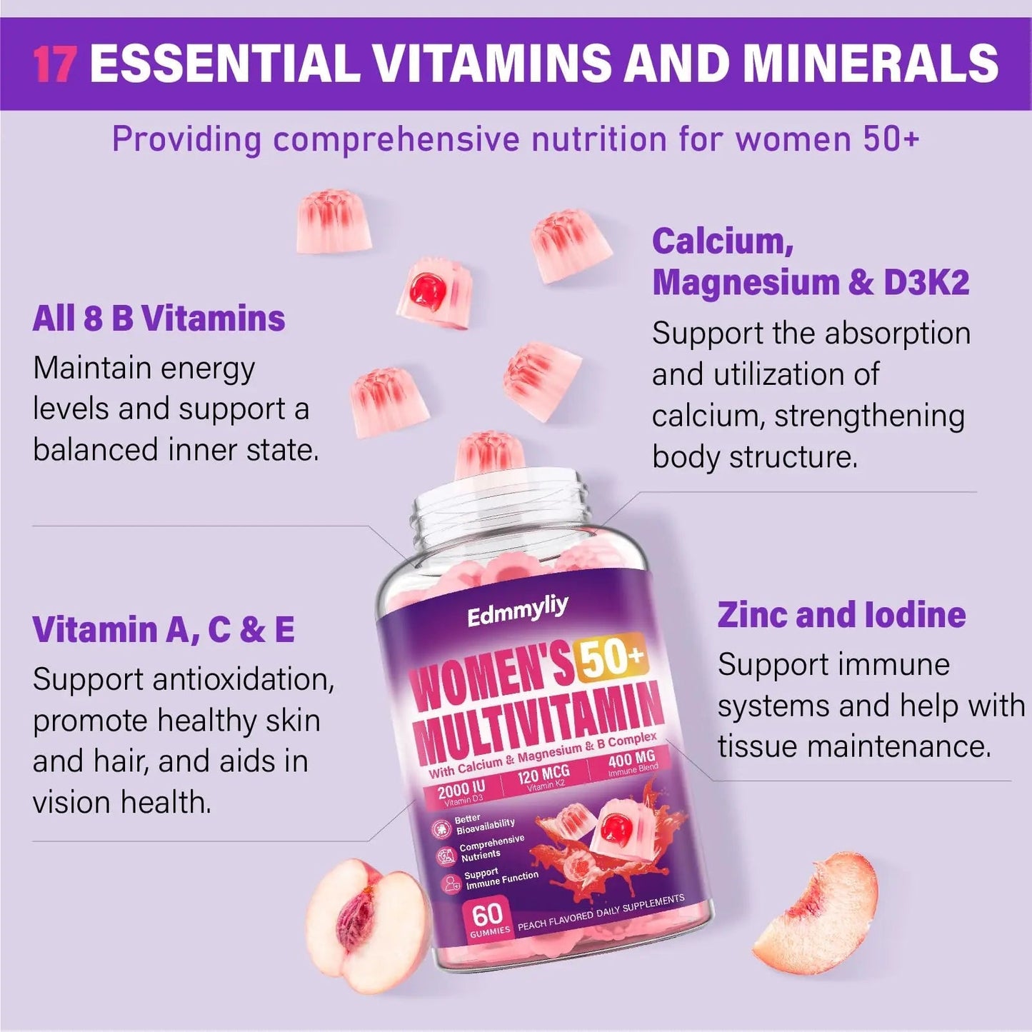 Womens Multivitamin Gummy 50 and Over - Chewable Multi Vitamin A, C, D3, E, K2 & B Complex, Folate, Biotin, Calcium, Magnesium Edmmyliy