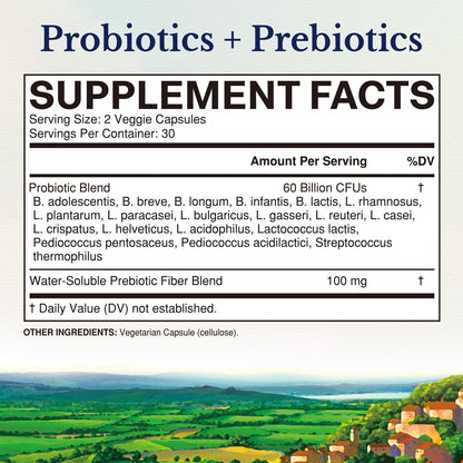 Vitalitown Probiotics + Prebiotics | 60 Billion CFUs 19 Strains | 60 Delayed Release Veg Caps | Shelf Stable, Prebiotics and Probiotics | Digestive Health