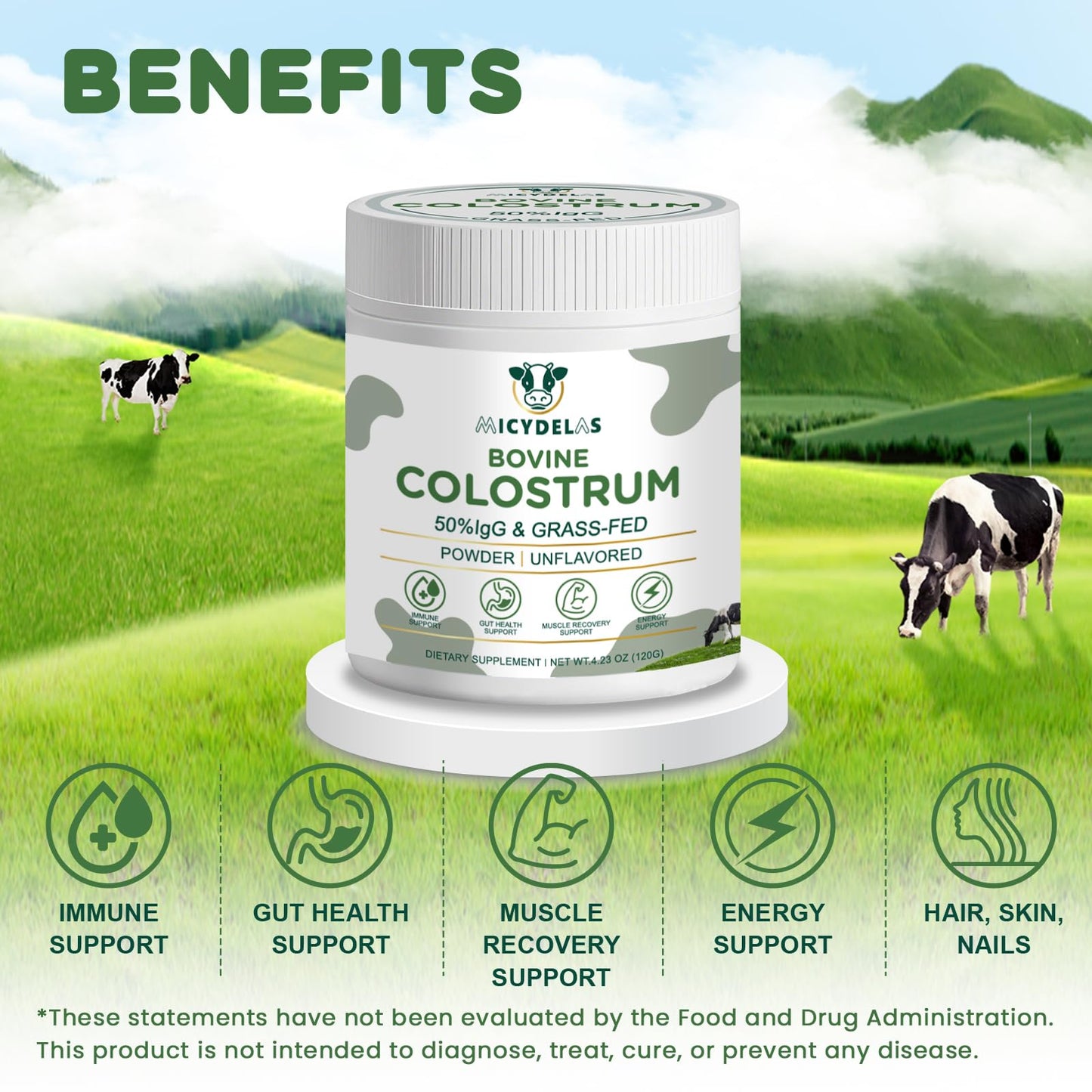 MICYDELAS Bovine Colostrum Supplement Powder 50% IgG Premium Bovine Colostrum for Gut Health Support, Immune Support, Muscle Recovery & Overall Wellness, Grass Fed, Non-GMO, Unflavored, 60 Servings MICYDELAS buy supplements Au