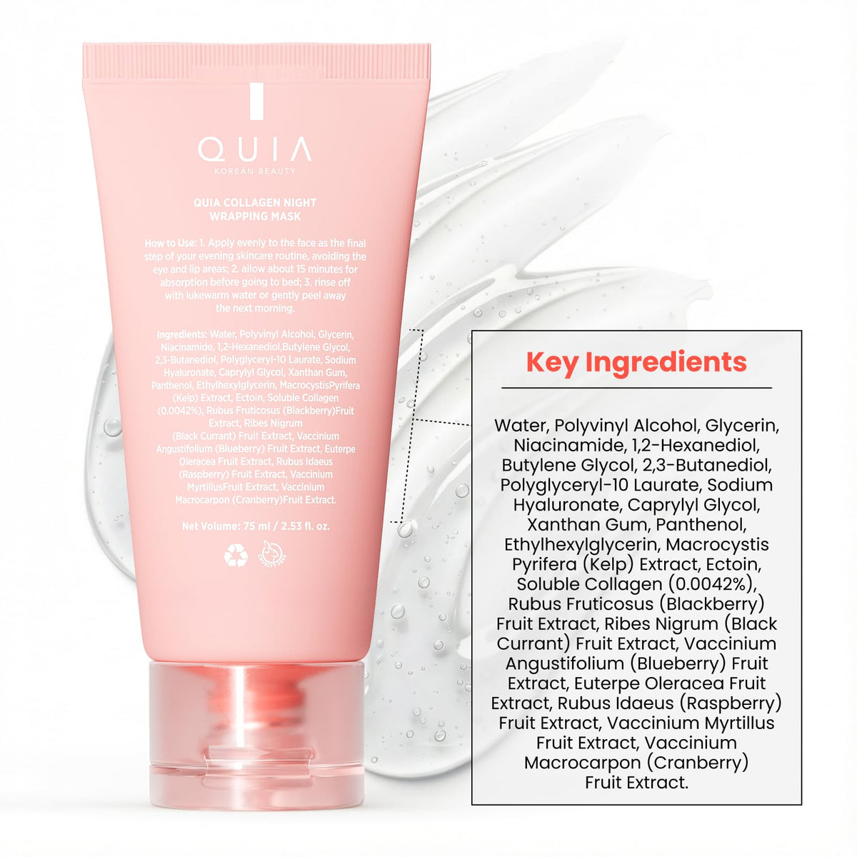 QUIA Collagen Wrapping Mask 75ml - Clinical +92% Firmer Appearance - Overnight Glass Skin Peel Off - Korean Skincare
