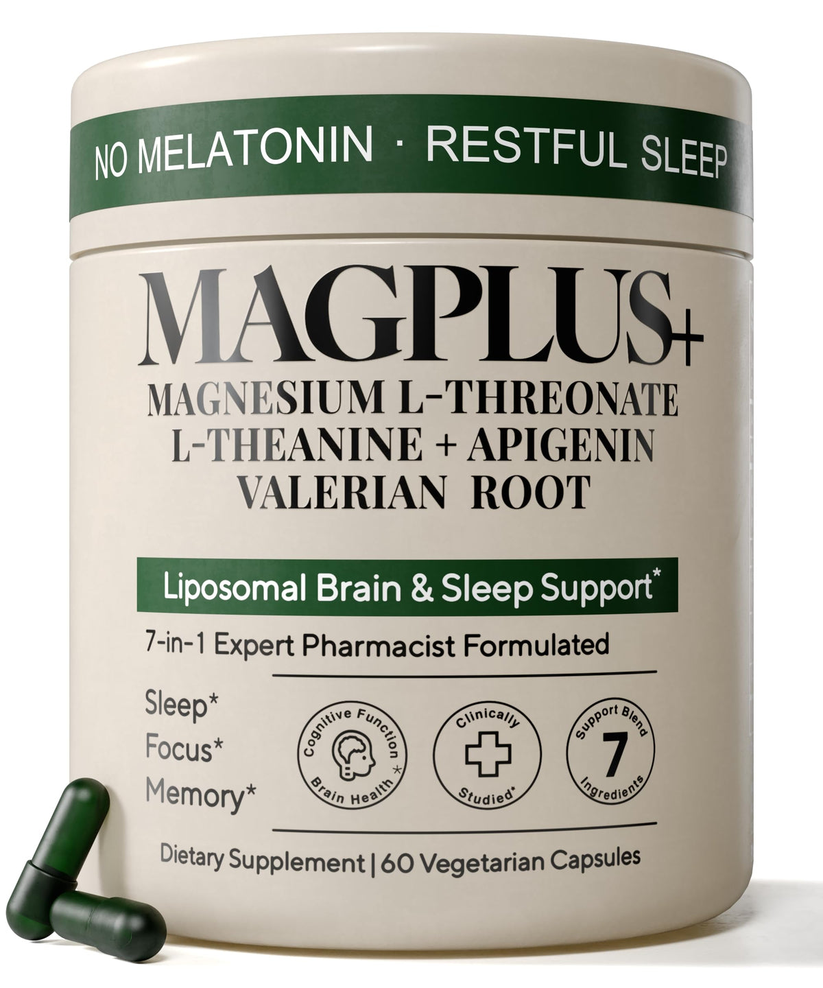 Supplement container labeled 'MAGPLUS+' with text about sleep support on a white background