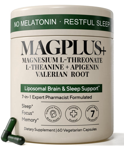 Supplement container labeled 'MAGPLUS+' with text about sleep support on a white background
