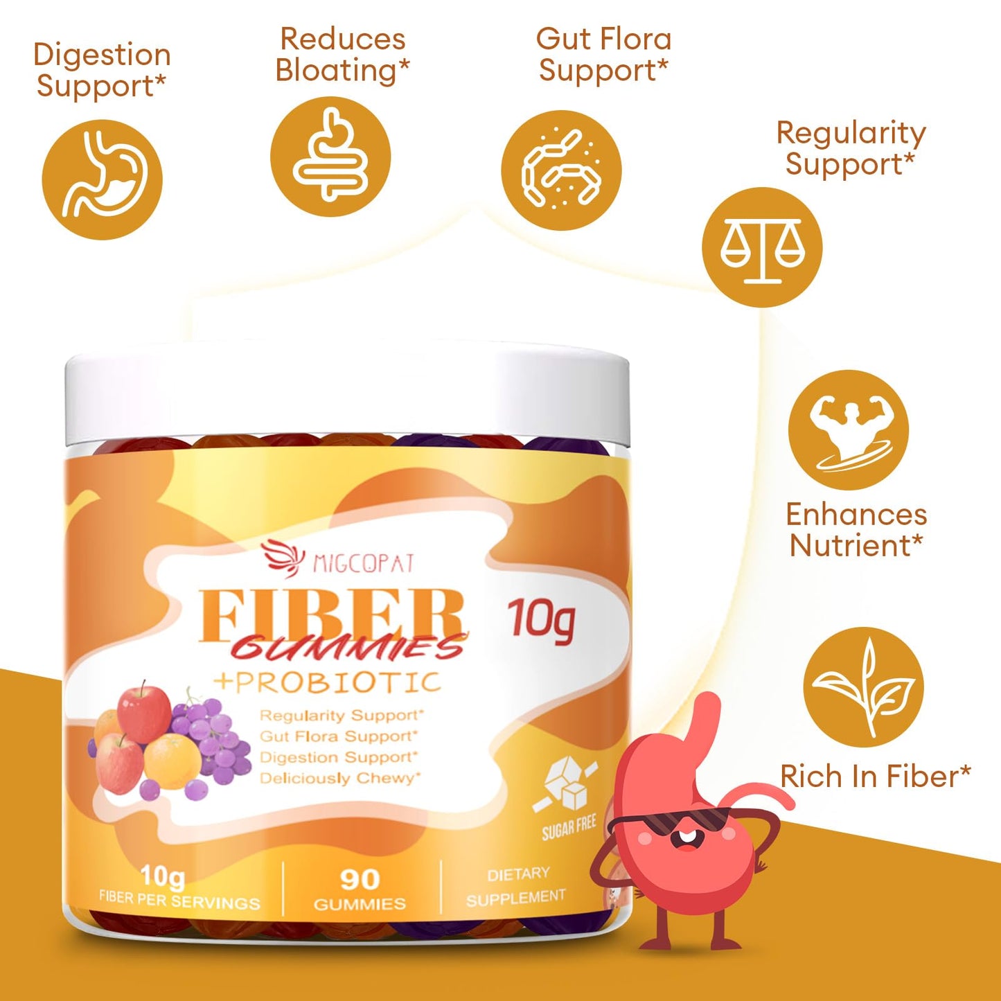 Migcopat 10G Fiber Gummies for Adults - Support Digestive Health - Fiber Supplement with 30 Billion CFU Probiotics Blend, ACV, Vitamin C, Inulin - No Sugar Added - Fruit Flavored - 180 Count