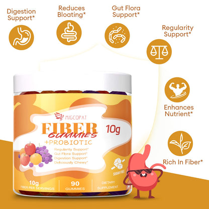 Migcopat 10G Fiber Gummies for Adults - Support Digestive Health - Fiber Supplement with 30 Billion CFU Probiotics Blend, ACV, Vitamin C, Inulin - No Sugar Added - Fruit Flavored - 180 Count