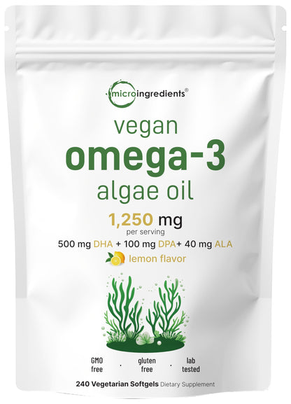 Micro Ingredients Vegan Omega 3 Algae Oil, 240 Veggie Softgels | Fish Oil Alternative | DHA 500mg & DPA 100mg | Carrageenan Free | Plant-Based Omega 3