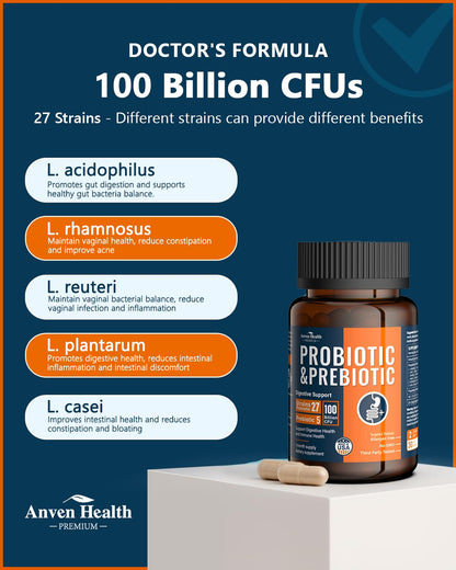 Anven Health 100 Billion Probiotics for Men and Women 27 Strains 5 Organic Prebiotics for Gut Digestive & Immune Health, Supports Diarrhea Gas Bloating