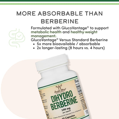 Dihydroberberine Supplement 100mg, 60 Capsules (Patented GlucoVantage Super Berberine, May be 5X More Effective Than Berberine with Less Side Effects) Third Party Tested, Vegan Safe by Double Wood Double Wood SupplementsBuy Supplements Australia