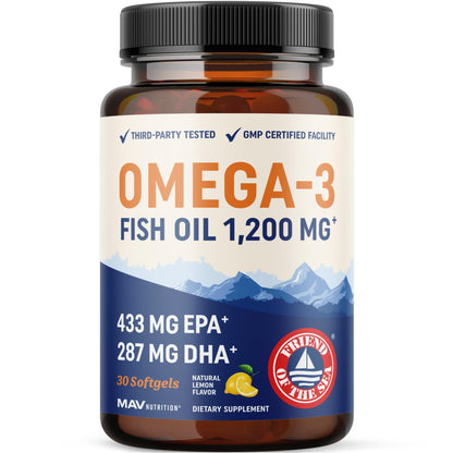 Triple Strength Omega 3 Fish Oil 1200 mg | EPA & DHA | Wild Caught, Sustainably Sourced Omega-3 Fatty Acids | Premium Burpless Fish Oil Supplements