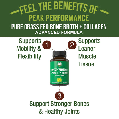 Peak Performance Bone Broth Collagen Capsules - 180 Pills of Grass Fed Bone Broth Collagen Protein Peptides - Contains All 3 Types 1, 2, and 3 - Pure Pasture