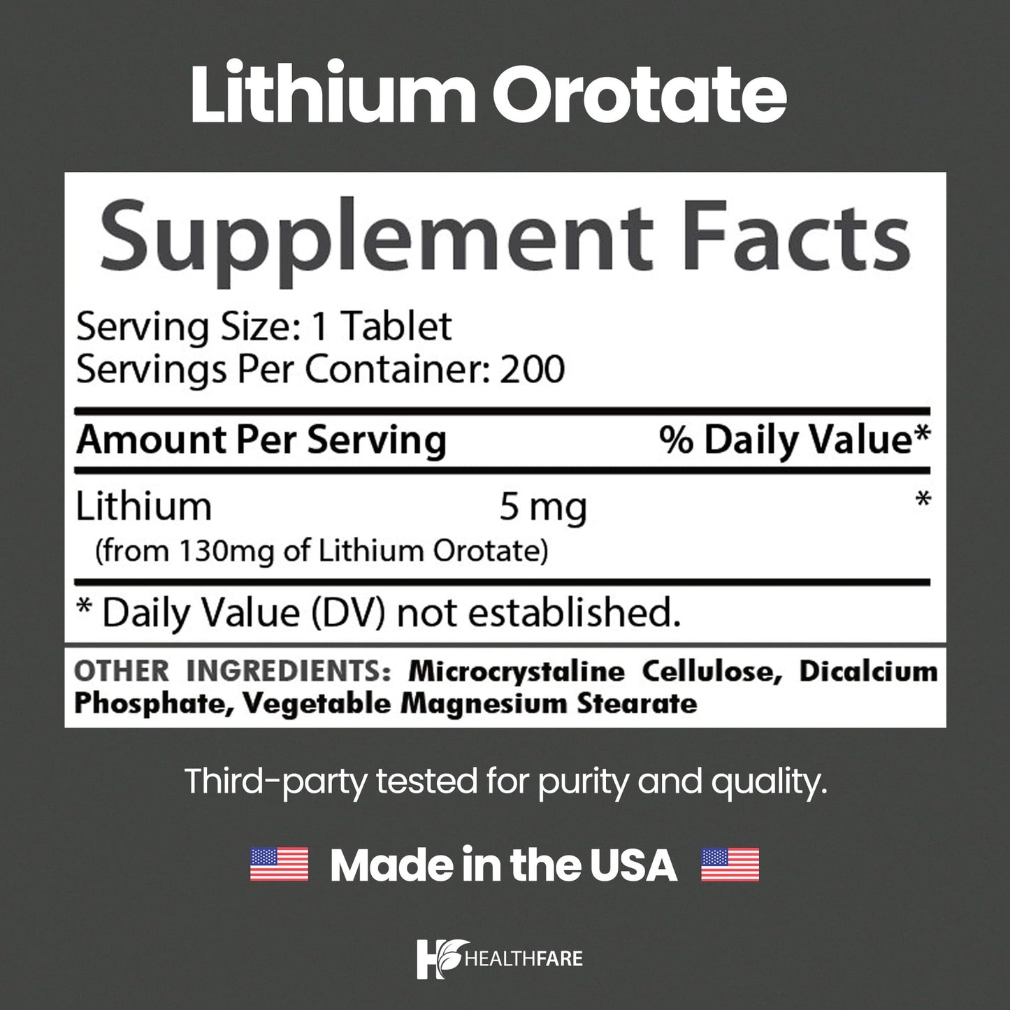 HealthFare Lithium Orotate Supplement 130mg | 200 Vegetarian Tablets | High Bioavailability Trace Mineral | Mood, Brain & Memory Support