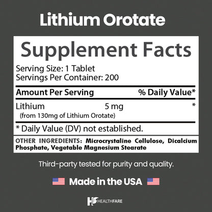 HealthFare Lithium Orotate Supplement 130mg | 200 Vegetarian Tablets | High Bioavailability Trace Mineral | Mood, Brain & Memory Support
