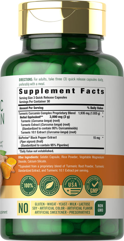 Carlyle Turmeric Curcumin with Black Pepper | 90 Powder Capsules | Complex Supplement with Bioperine | Non-GMO, Gluten Free