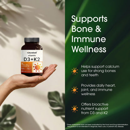 NatureBell Vitamin D3 K2-240 Softgels - 5,000 IU Vitamin D3 & 100mcg Vitamin K2 MK-7 - with Virgin Coconut Oil - Bone, Heart & Immune Health Support