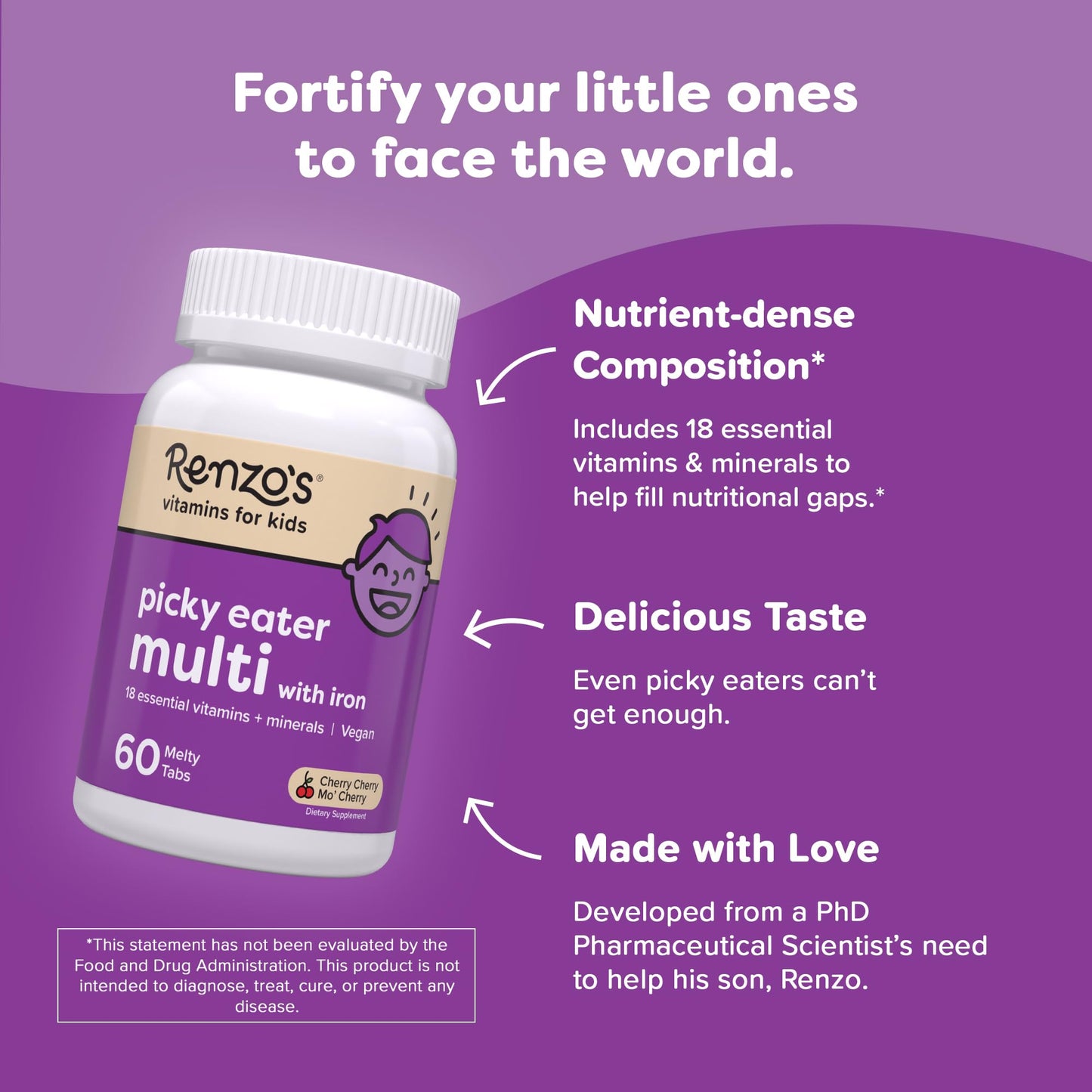 Renzo's Picky Eater Kids Multivitamin with Iron - Dissolvable Kids Vitamins with Iron, Zinc, Vitamin C, Vitamin D, E & K, Sugar-Free Melty Tabs, Cherry Flavor