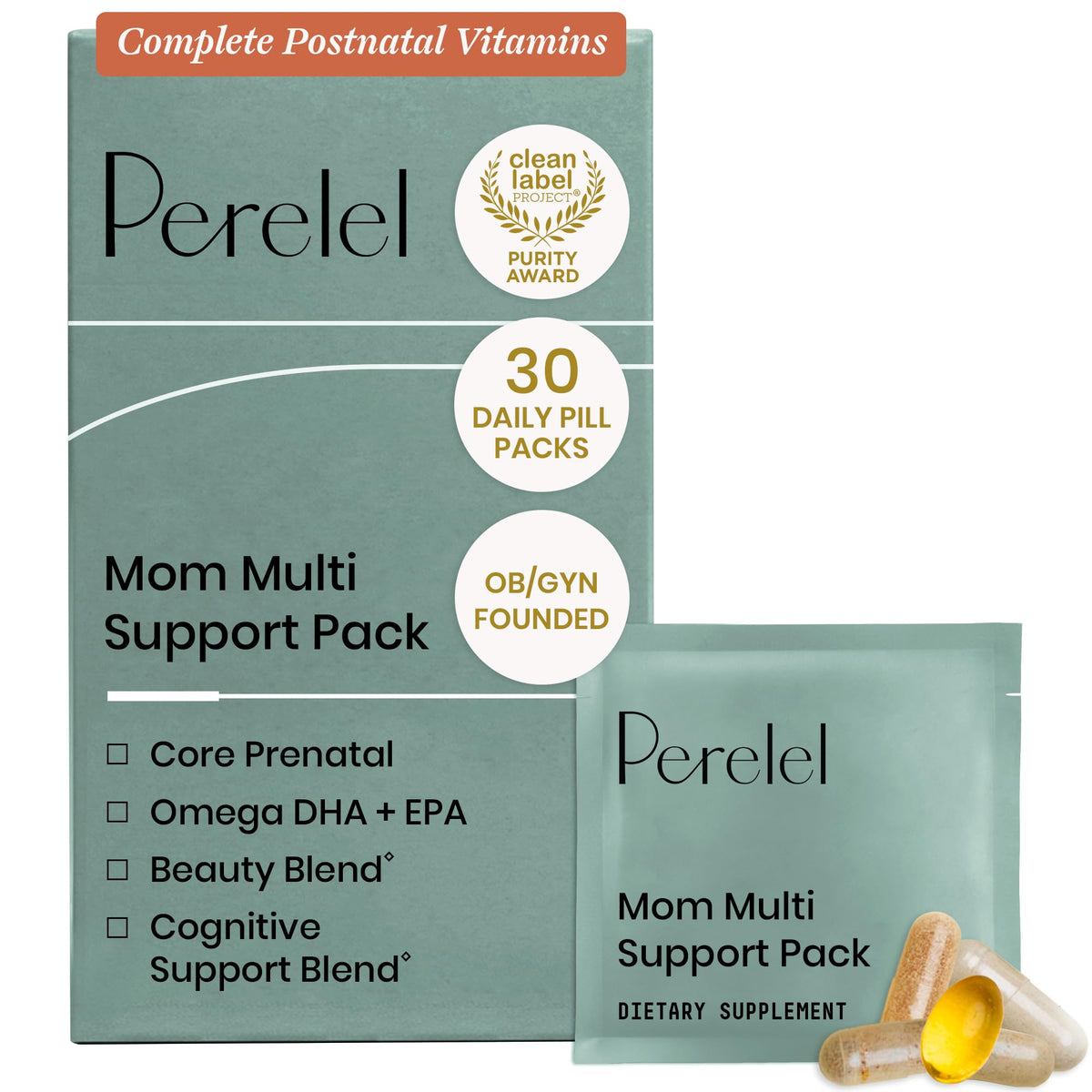 Perelel Mom Multi Support Pack, Postnatal Vitamins for Women with Omega 3 Dha, Iron, Collagen, & Vitamin B12 to Support Postpartum Health