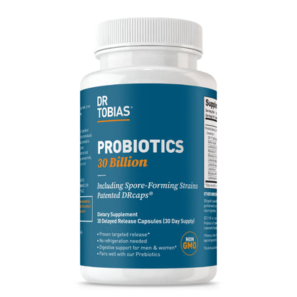 Dr. Tobias Probiotics 30 Billion, 10 Strains, 30 Billion CFU's, Targeted Release Probiotics for Women & Men, Supports Digestive Health, Shelf-Stable,