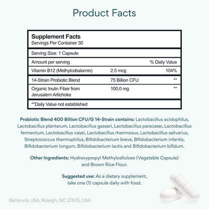 Bettervits Probiotics for Women & Men – 75 Billion CFU | Digestive Health and Gut Support Prebiotic | 14 Clinically Studied Strains with Vitamin B12,