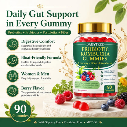 PRIMEHAVEN Probiotic Kombucha Gummies - Prebiotics, Probiotics, Postbiotics, Fiber Supplement, Slippery Elm, Dandelion Root, for Bloating, Gut Health
