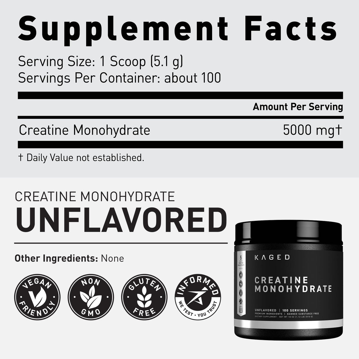 Kaged Creatine Monohydrate Micronized Powder | Unflavored | Muscle Building & Recovery | 5000 mg Per Serving | Vegan, Gluten Free, Easily Digestible