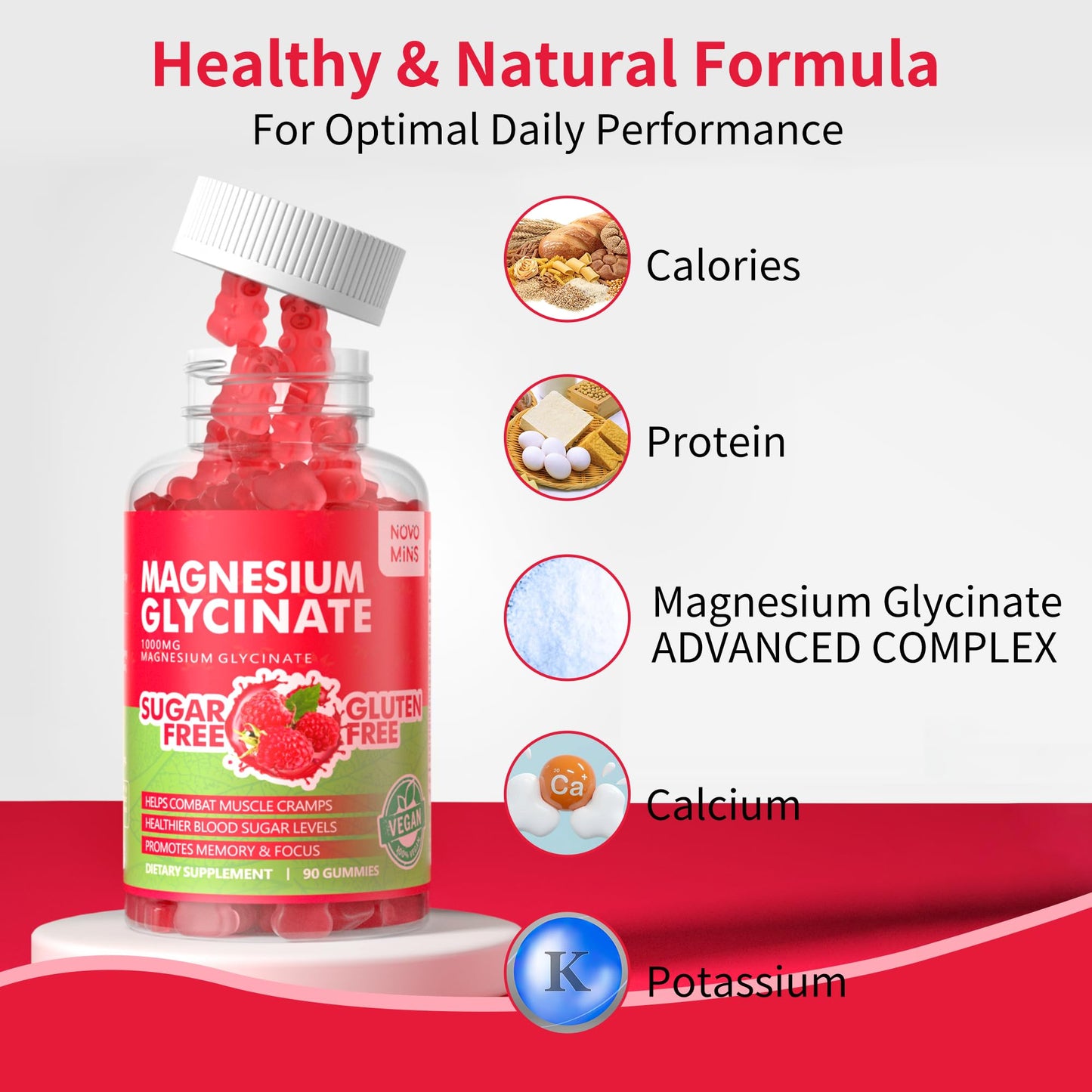 90 CT Magnesium Glycinate Gummies 1000mg - Sugar Free Magnesium Potassium Supplement with Vitamin D, B6, CoQ10 for Calm Mood & Sleep Support - 90 Raspberry Gummies novominsBuy Supplements Australia