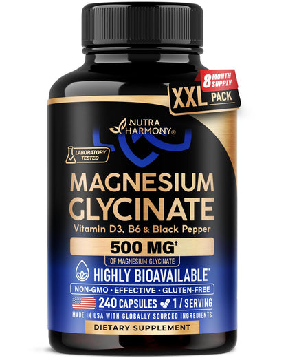 Magnesium Glycinate 500 mg - Chelated Supplement - High Absorption Form of Magnesium - Support for Sleep, Muscle & Heart Health