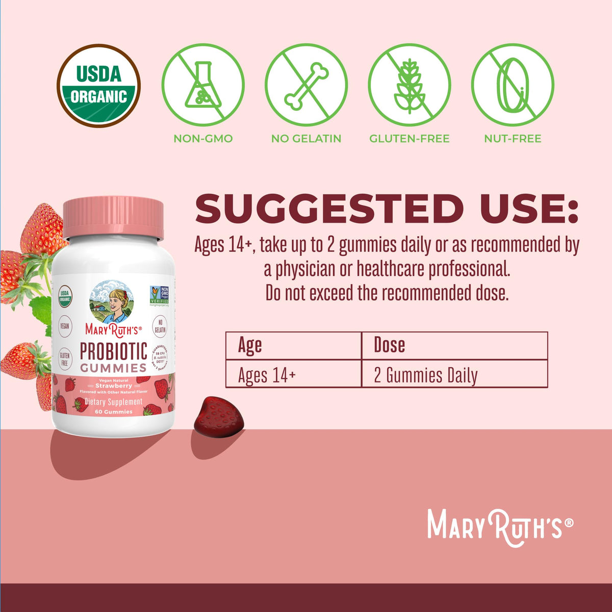 MARYRUTH'S USDA Organic Probiotic Gummies Probiotic Digestive Support | Immune Support | Digestive & Gut Health Supplement | 5 Billion CFU