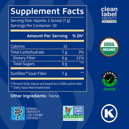 Tomorrow's Nutrition, Sunfiber, Prebiotic Fiber Supplement for Digestive Health, Low FODMAP, Gluten-Free, Unflavored, 30 Servings