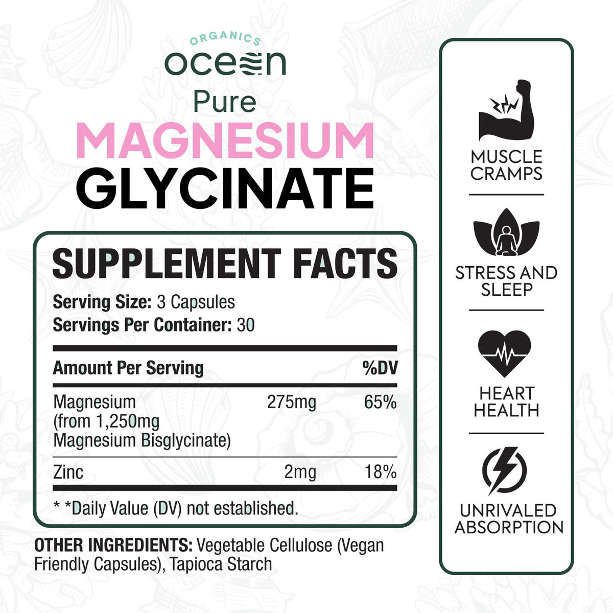 Organics Ocean Pure Magnesium Glycinate with Zinc - Maximum Strength Chelated Magnesium Supplement for Women and Men