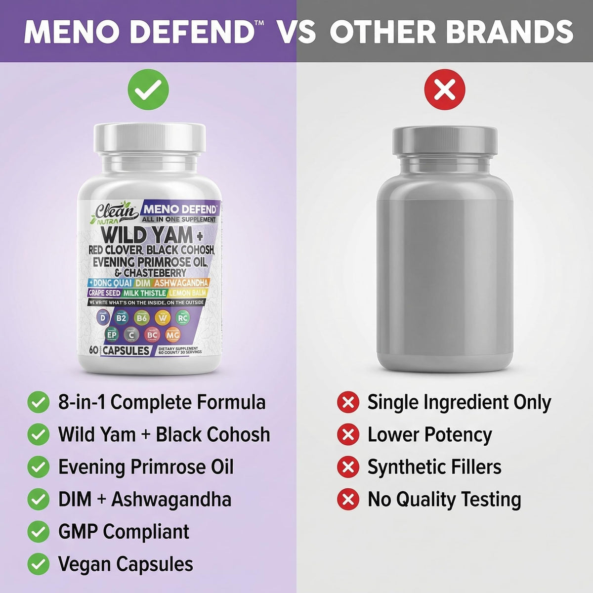 Clean Nutra Wild Yam Root Capsules with Red Clover Black Cohosh Evening Primrose Oil Chasteberry Dong Quai DIM Ashwagandha Grape Seed Extract Milk Thistle Lemon Balm